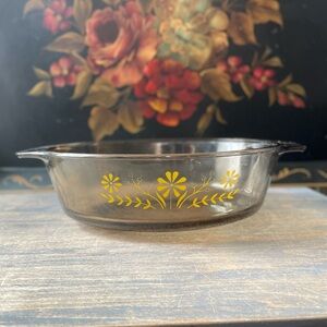 Vintage Jeanette Visionware brown glass yellow flowers oval bakeware dish